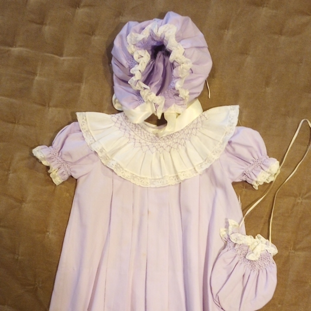 Vintage Lavender Smocked Dress with Bonnet and Pouch - Picture 3 of 10